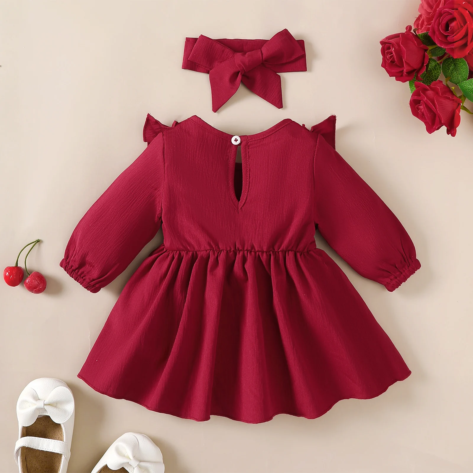 Christmas 5 Color Dresses Long Sleeved Princess Dress with Bow+Headband for Baby Girls 1-18 Months New Year Holiday Costume - Image 2