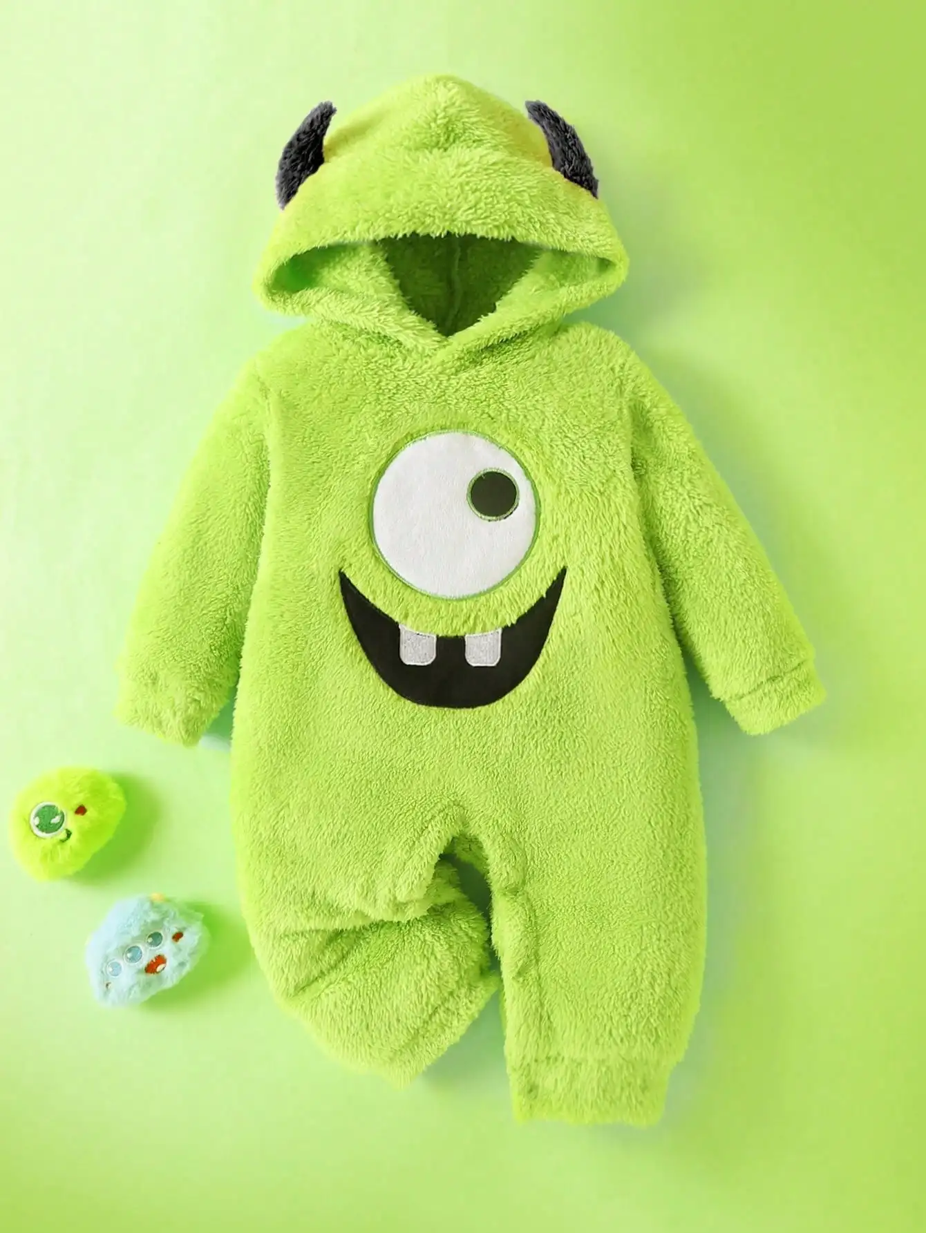 Baby boy monster embroidered demon ear hat plush jumpsuit