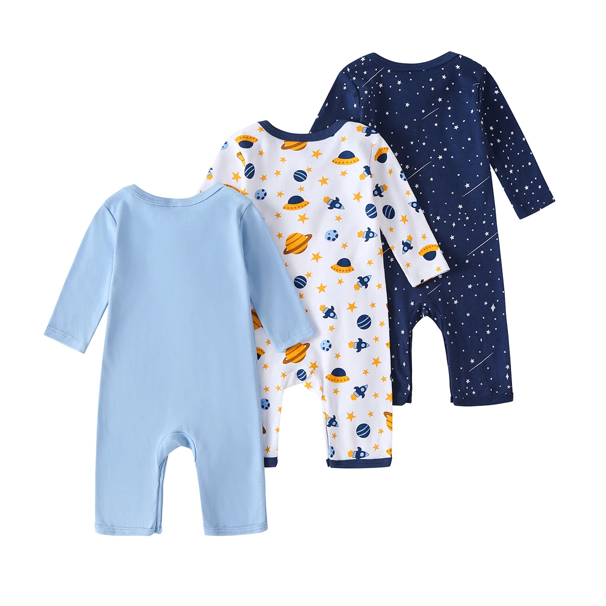 3-Pack Baby Boy Long-Sleeve 100% Cotton Rompers, Crew Neck Casual Infant Onesies, Space Print One-Piece Jumpsuits, Soft Breathable Everyday Wear for 0-18 Months, Newborn Hospital Essentials, Baby Clothes Clearance Sale - Image 2