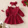 Christmas 5 Color Dresses Long Sleeved Princess Dress with Bow+Headband for Baby Girls 1-18 Months New Year Holiday Costume