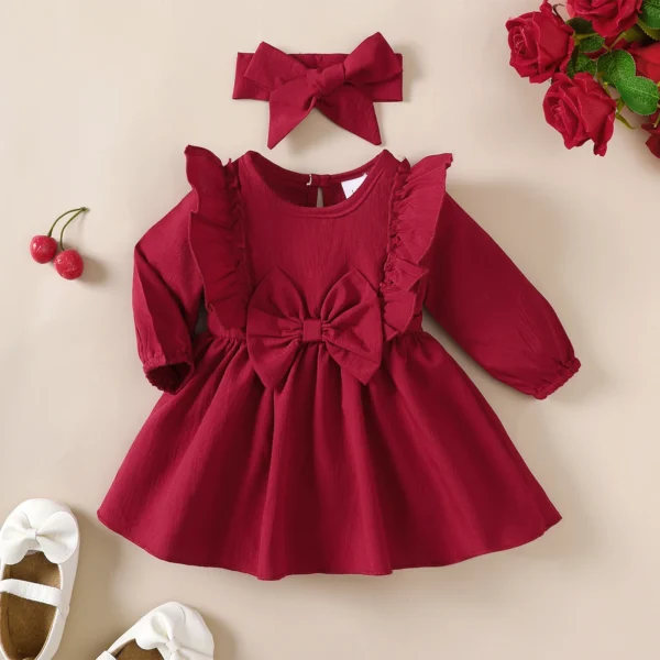 Christmas 5 Color Dresses Long Sleeved Princess Dress with Bow+Headband for Baby Girls 1-18 Months New Year Holiday Costume