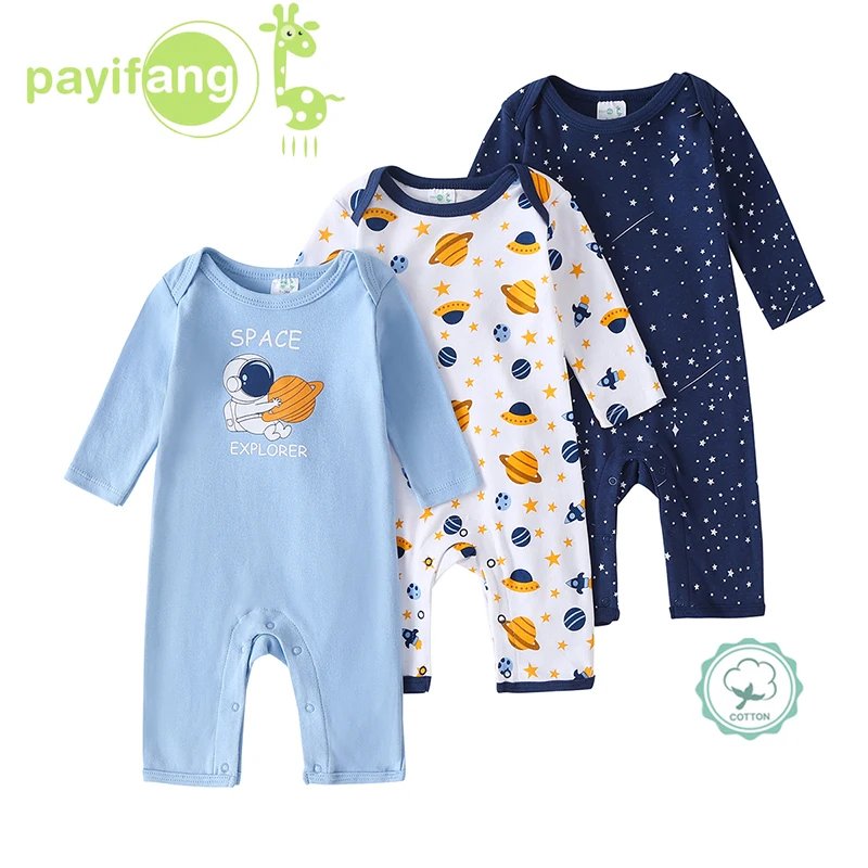 3-Pack Baby Boy Long-Sleeve 100% Cotton Rompers, Crew Neck Casual Infant Onesies, Space Print One-Piece Jumpsuits, Soft Breathable Everyday Wear for 0-18 Months, Newborn Hospital Essentials, Baby Clothes Clearance Sale